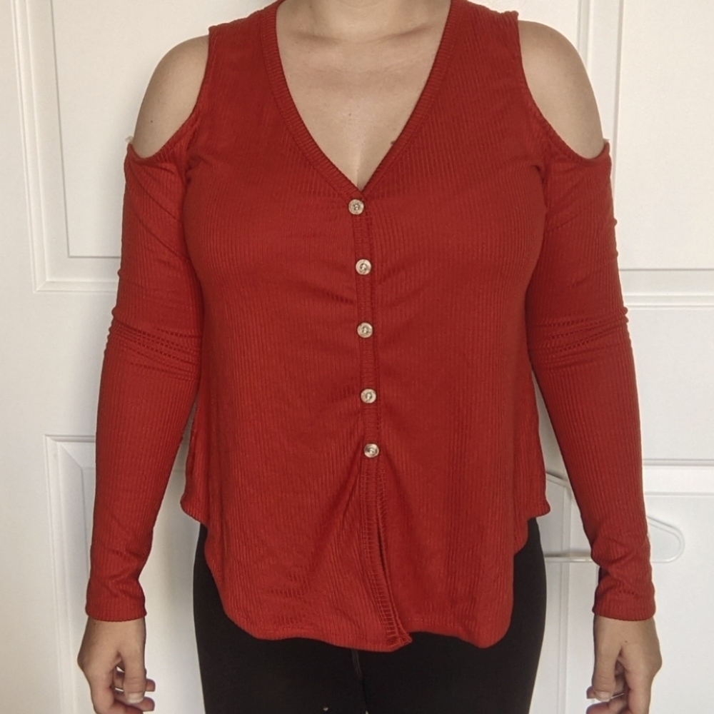 Cold Shoulder Burnt Orange Button Front Top